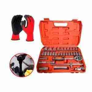 JUEGO DADOS DE IMPACTO 32 PIEZAS LLAVE + GUANTES ANTICORTE - ROJO-32PC