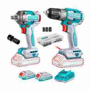 TALADRO ATORNILLADOR BL + LLAVE DE IMPACTO 20V TOTAL + 2BATS + ADAP