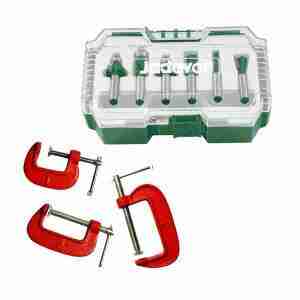 SET DE FRESAS 6MM 6PZS RUTEADORA JADEVER + 3 PRENSAS TIPO C