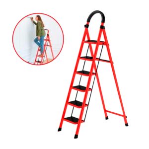 ESCALERA 6 PASOS PLEGABLE DE METAL LIGERA SEGURA COLOR ROJO