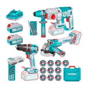 TALADRO INALÁMBRICO +AMOLADORA 20V + ROTOMARTILLO TOTAL 2BATS