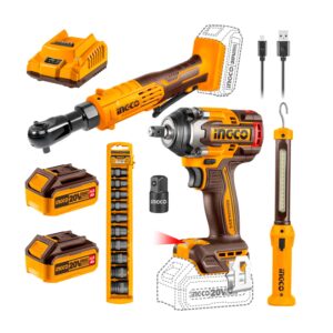 KIT LLAVE DE IMPACTO +LLAVE RATCHET+SET DADOS DE IMPACTO+LINTERNA INGCO