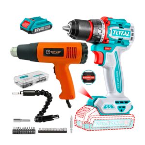 TALADRO ATORNILLADOR 55NM + PISTOLA DE CALOR 2200W + ACCE