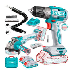 AMOLADORA INALÁMBRICA TOTAL + TALADRO ATORNILLADOR 20V BRUSHLESS + 2 BATERÍAS + 21 ACCESORIOS