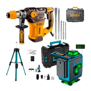 ROTOMARTILLOS 1500W INGCO+NIVEL LÁSER VERDE 2BATS RECARGABLE