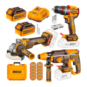 Combo Ingco 20v Taladro + Rotomartillo + Amoladora 2 Batería